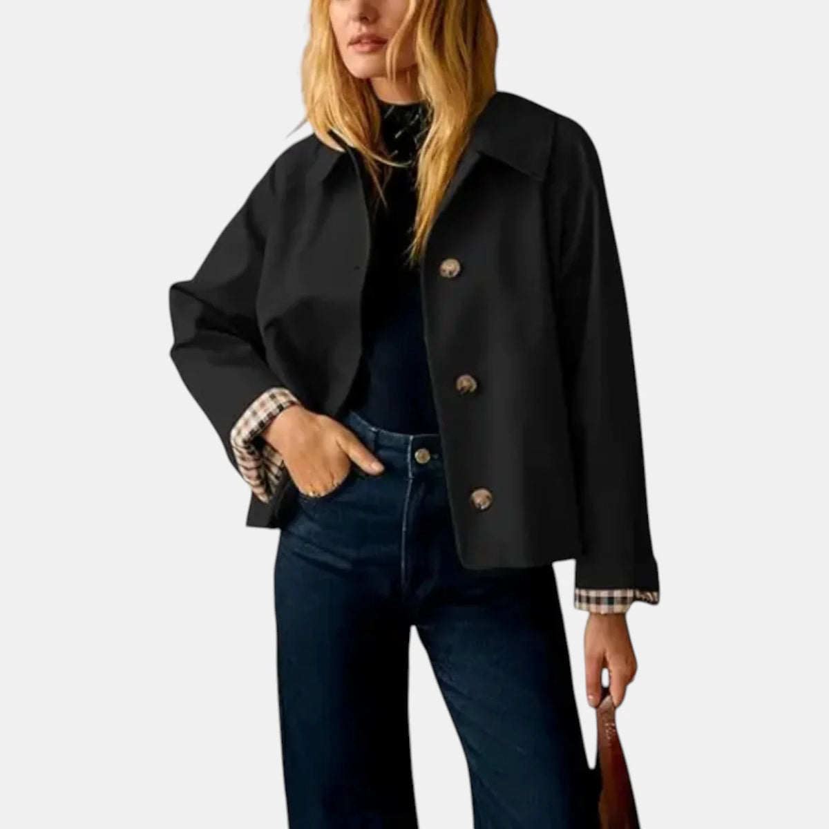 Amy Cropped Check-Cuff Trench Coat in Black
