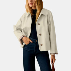 Amy Cropped Check-Cuff Trench Coat in Cream