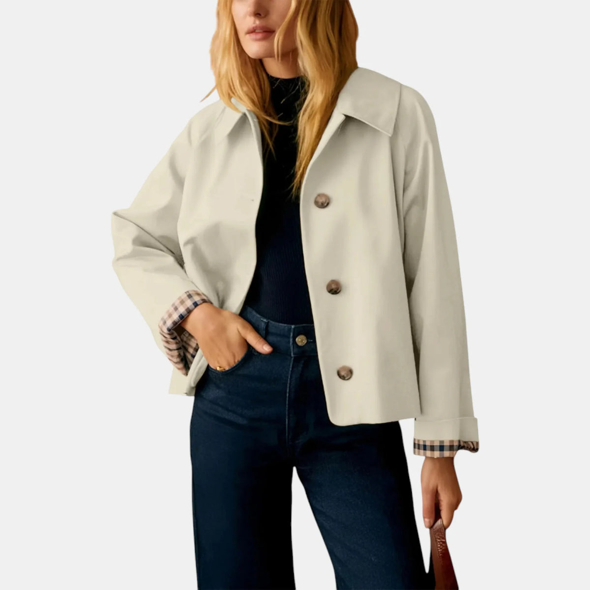 Amy Cropped Check-Cuff Trench Coat in Cream