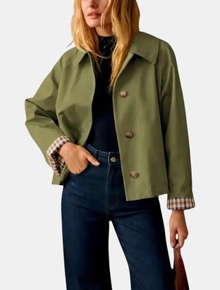 Amy Cropped Check-Cuff Trench Coat in Green