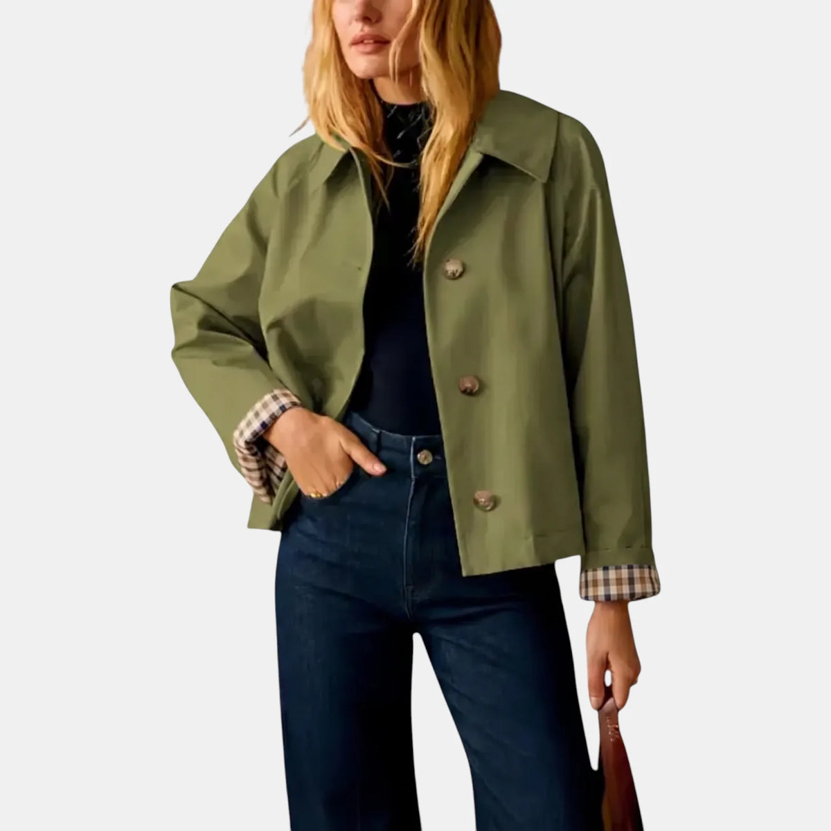 Amy Cropped Check-Cuff Trench Coat in Green