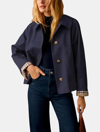 Amy Cropped Check-Cuff Trench Coat in Navy