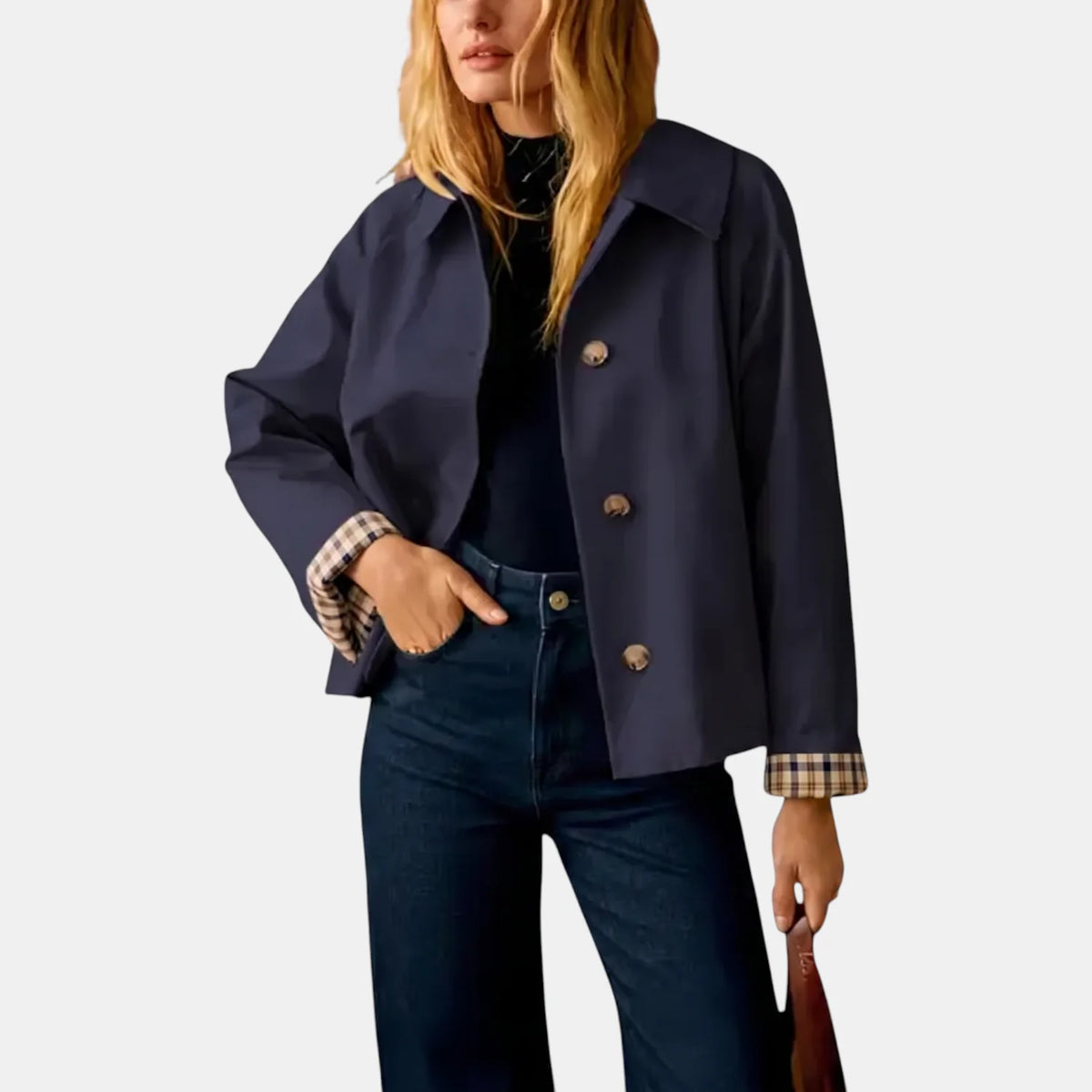 Amy Cropped Check-Cuff Trench Coat in Navy