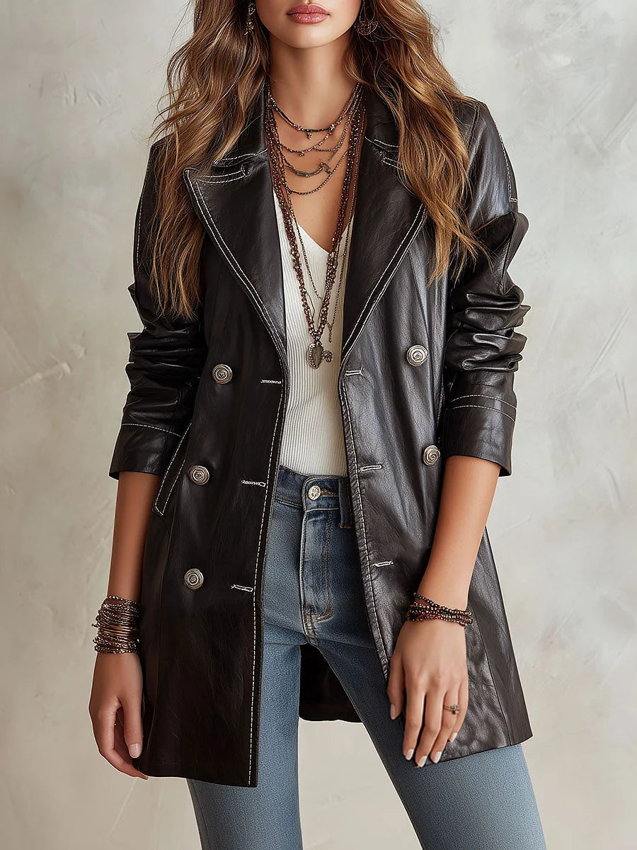 Andrea Vintage Double-Breasted Trench Coat in Black