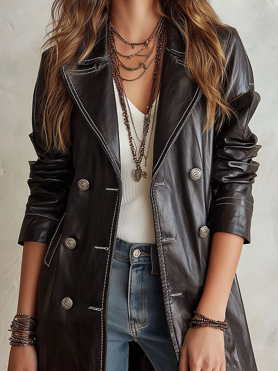 Andrea Vintage Double-Breasted Trench Coat in Black