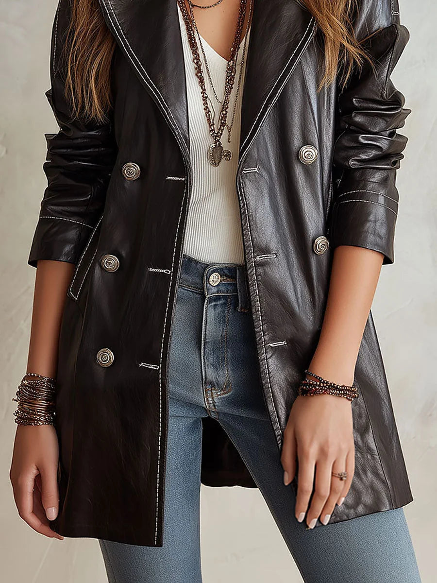 Andrea Vintage Double-Breasted Trench Coat in Black