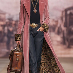 Angela Leopard-Lined Long Tailored Coat in Dusty Pink