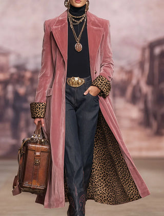 Angela Leopard-Lined Long Tailored Coat in Dusty Pink