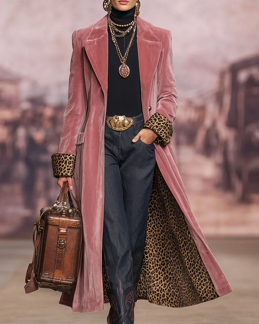 Angela Leopard-Lined Long Tailored Coat in Dusty Pink