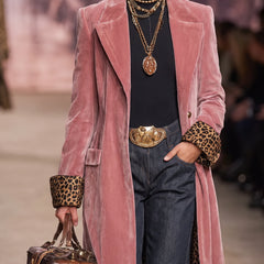 Angela Leopard-Lined Long Tailored Coat in Dusty Pink