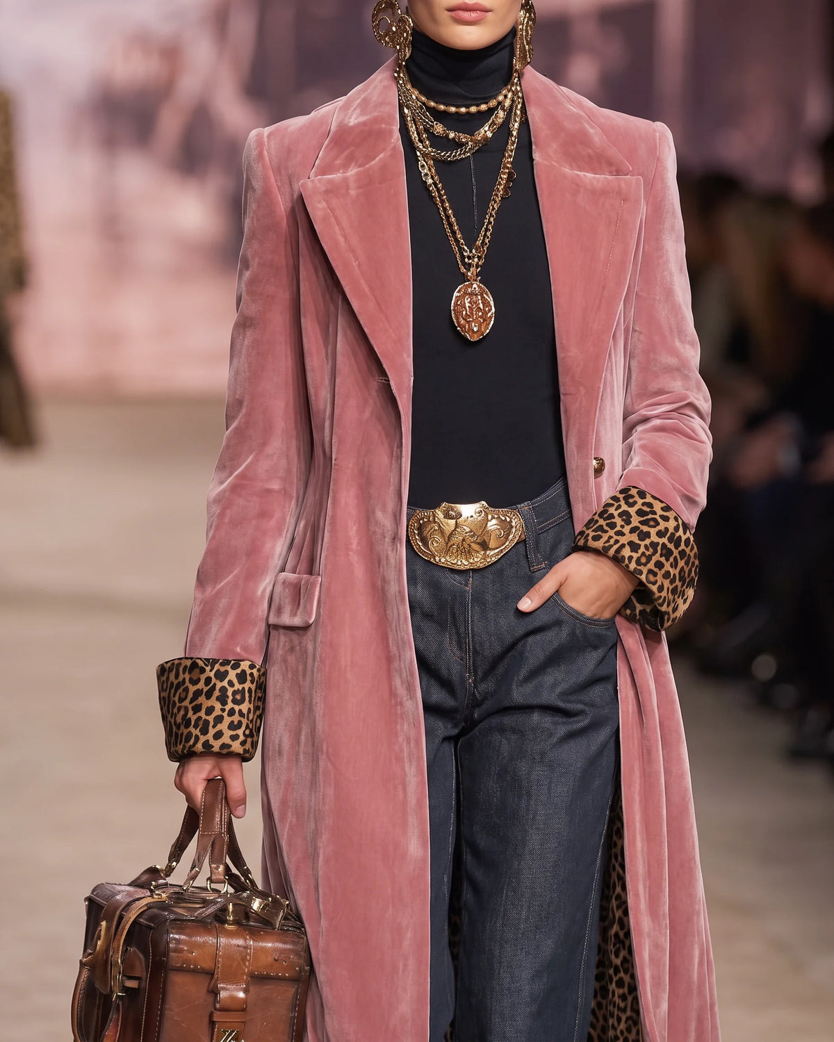 Angela Leopard-Lined Long Tailored Coat in Dusty Pink