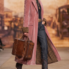 Angela Leopard-Lined Long Tailored Coat in Dusty Pink