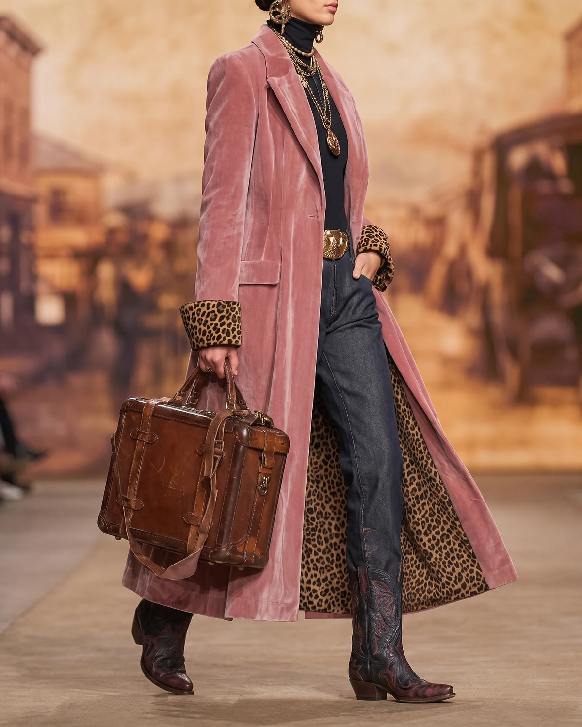 Angela Leopard-Lined Long Tailored Coat in Dusty Pink