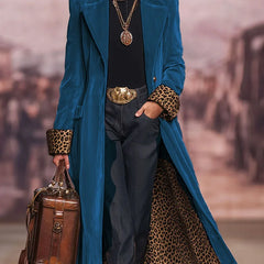 Angela Leopard-Lined Long Tailored Coat in Teal Blue