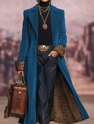 Angela Leopard-Lined Long Tailored Coat in Teal Blue
