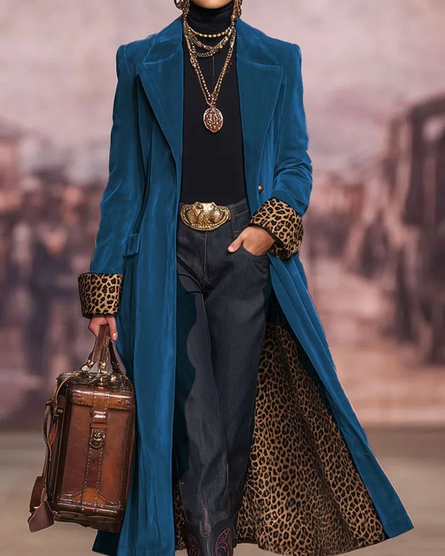 Angela Leopard-Lined Long Tailored Coat in Teal Blue
