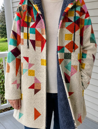 Anita Patchwork Print Hooded Coat in Cream Multicolour