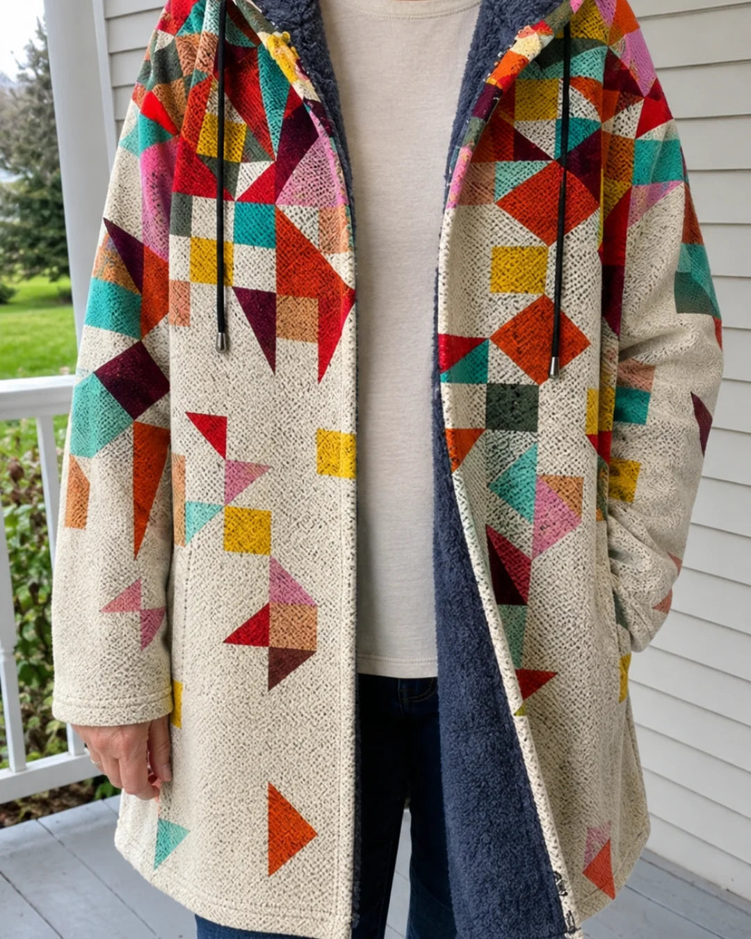 Anita Patchwork Print Hooded Coat in Cream Multicolour