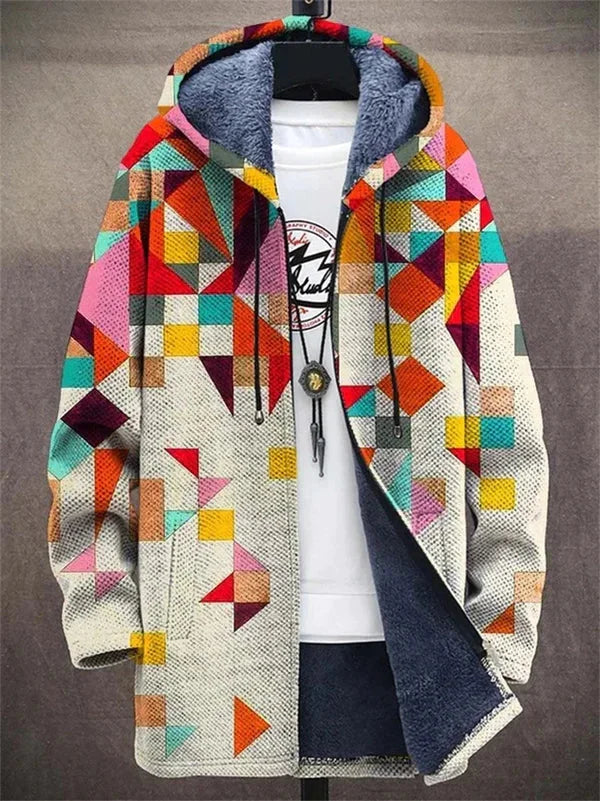 Anita Patchwork Print Hooded Coat in Cream Multicolour