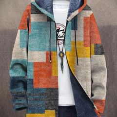 Anita Patchwork Print Hooded Coat in Teal Multicolour