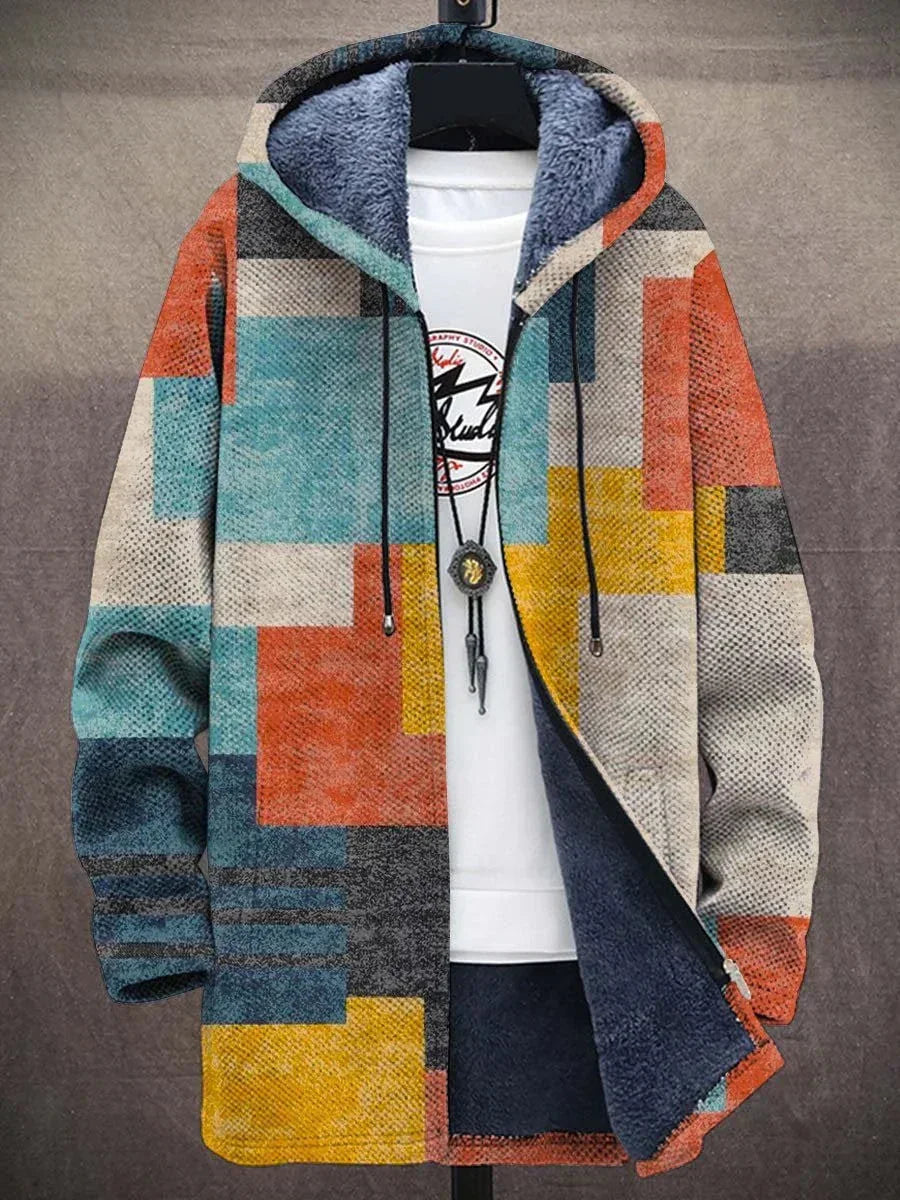Anita Patchwork Print Hooded Coat in Teal Multicolour
