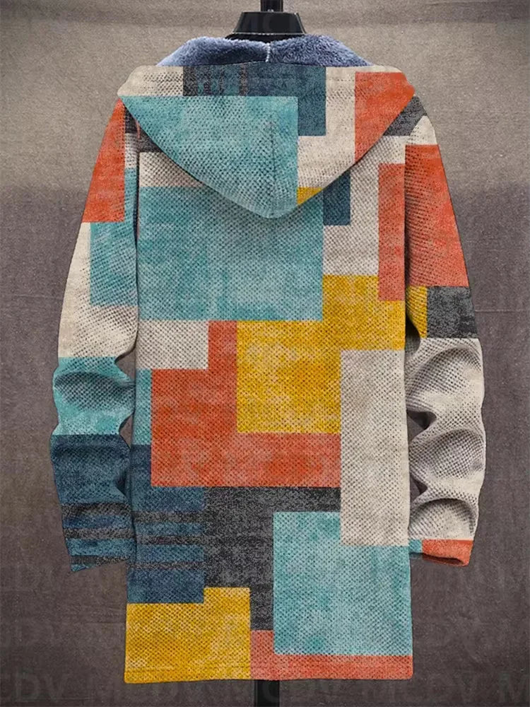 Anita Patchwork Print Hooded Coat in Teal Multicolour