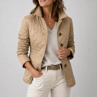 Annabel Diamond Quilted Stand Collar Jacket in Sand Beige