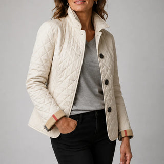 Annabel Diamond Quilted Stand Collar Jacket in Cream