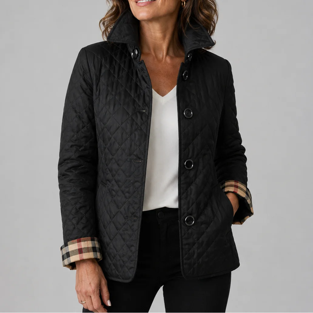Annabel Diamond Quilted Stand Collar Jacket in Black