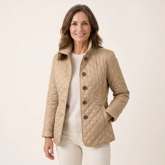 Annabel Diamond Quilted Stand Collar Jacket in Sand Beige, worn