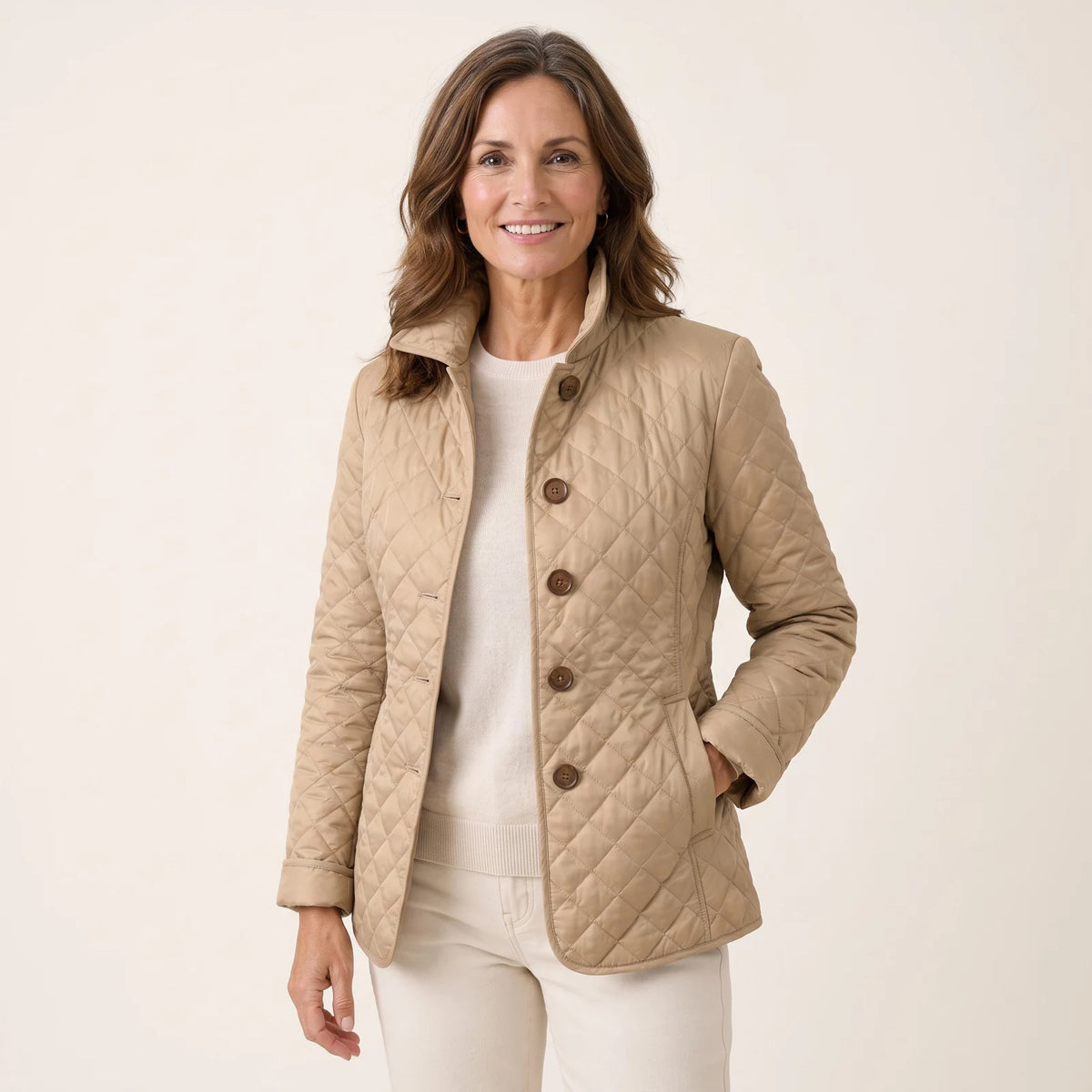 Annabel Diamond Quilted Stand Collar Jacket in Sand Beige, worn