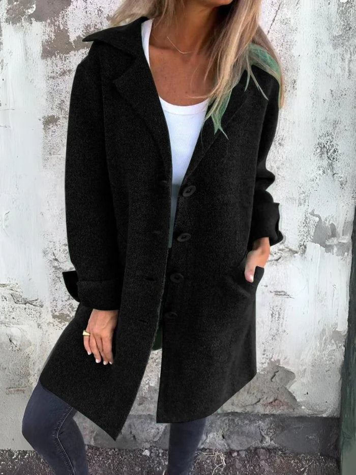 Anne Lapel Collar Button-Front Coat in Black