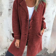 Anne Lapel Collar Button-Front Coat in Brick Red