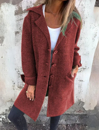 Anne Lapel Collar Button-Front Coat in Brick Red