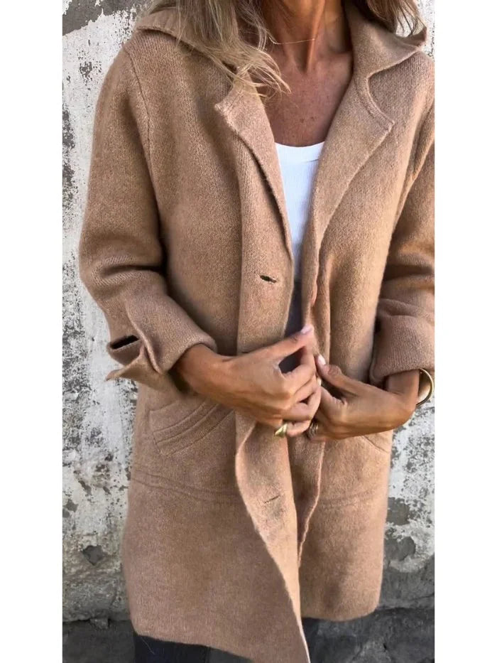 Anne Lapel Collar Button-Front Coat in Khaki