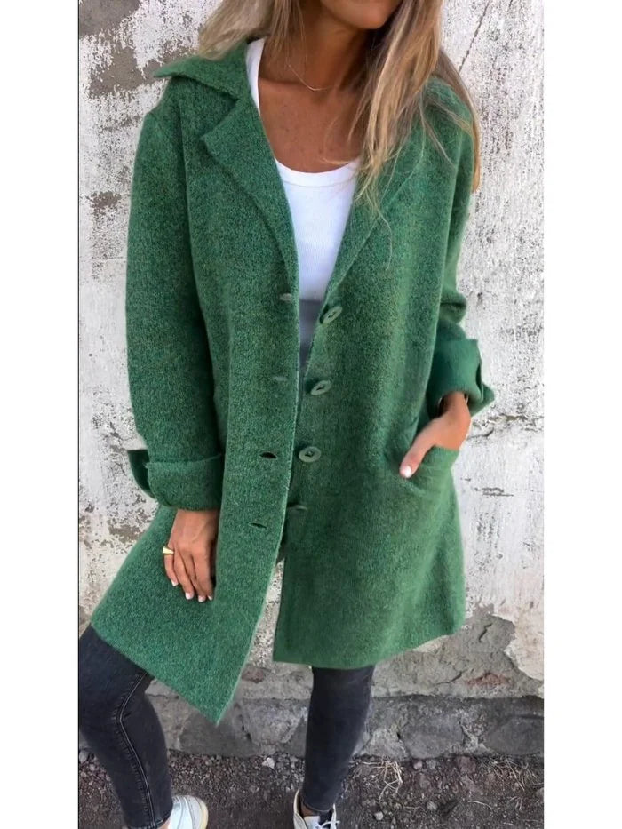 Anne Lapel Collar Button-Front Coat in Green