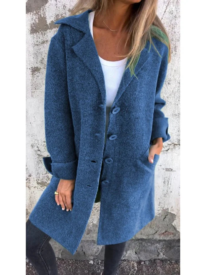 Anne Lapel Collar Button-Front Coat in Blue