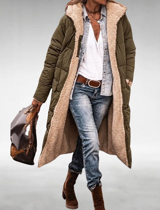 Annie Reversible Long Puffer Coat in Olive Green