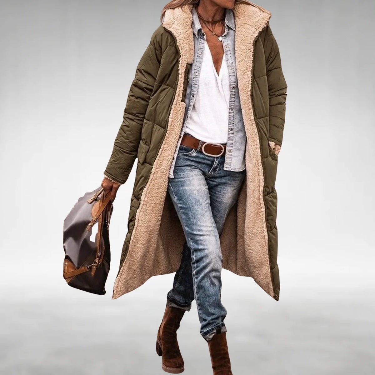 Annie Reversible Long Puffer Coat in Olive Green