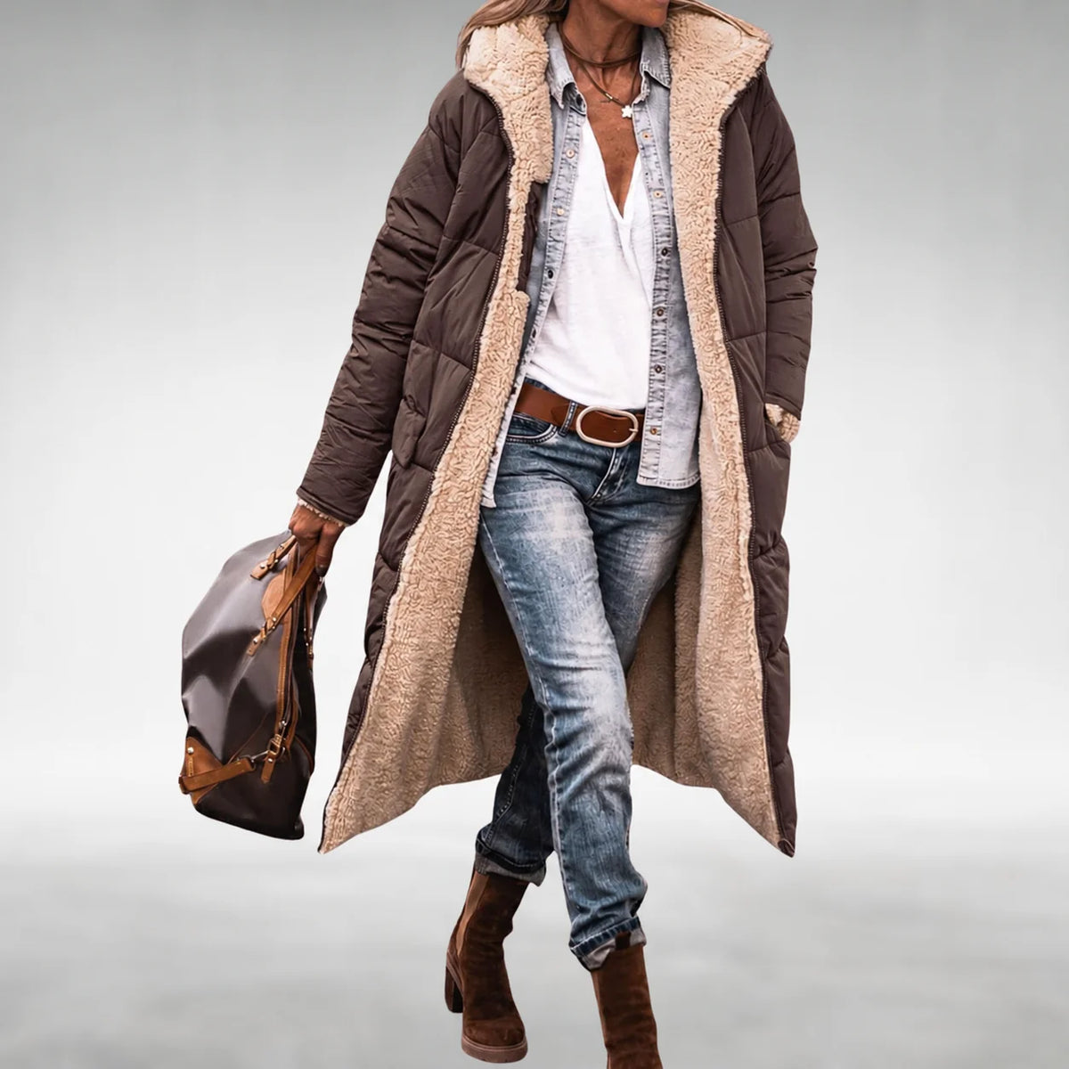 Annie Reversible Long Puffer Coat in Brown