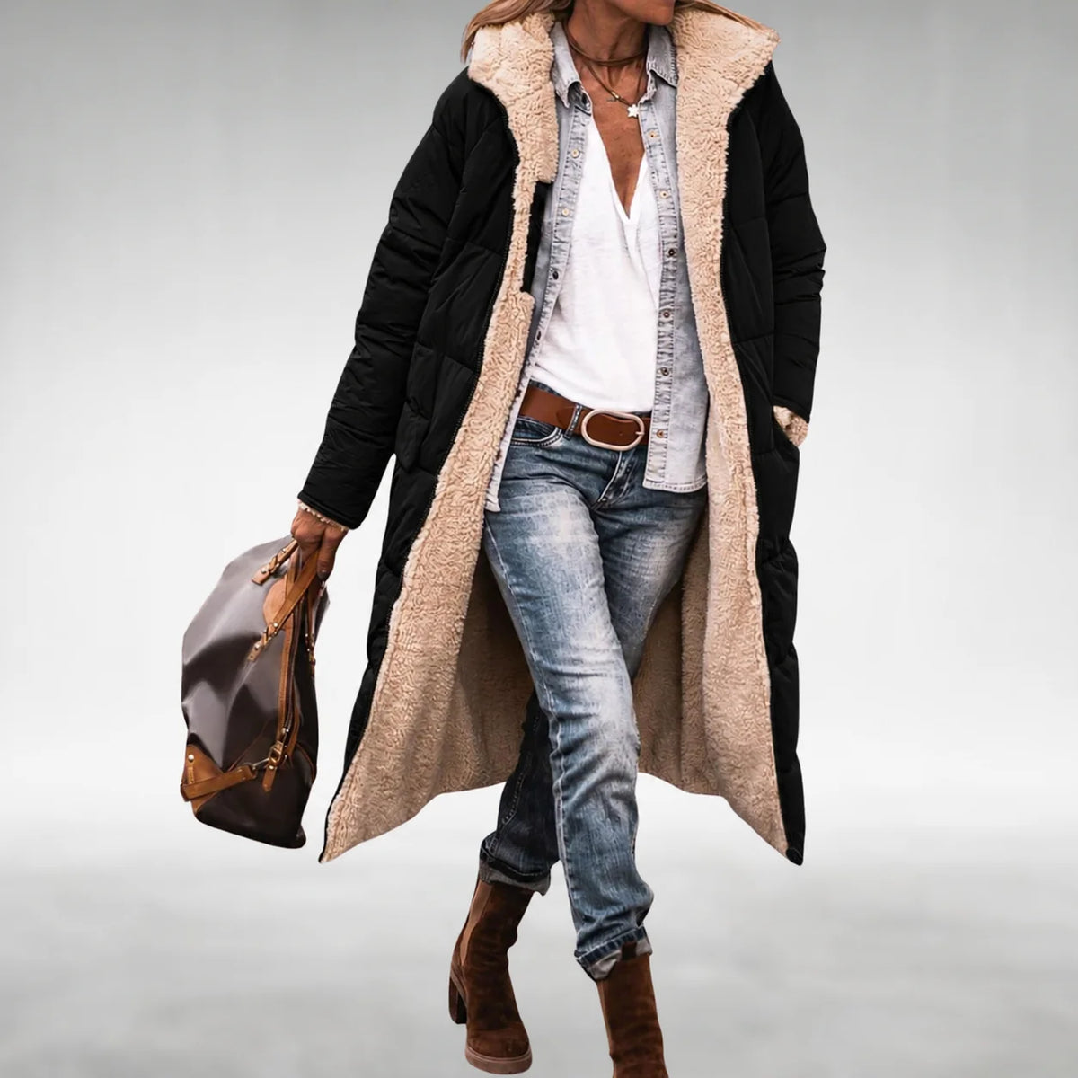 Annie Reversible Long Puffer Coat in Black