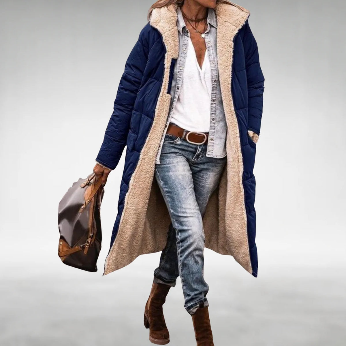 Annie Reversible Long Puffer Coat in Navy