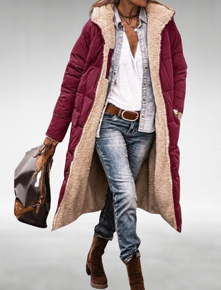 Annie Reversible Long Puffer Coat in Wine Red