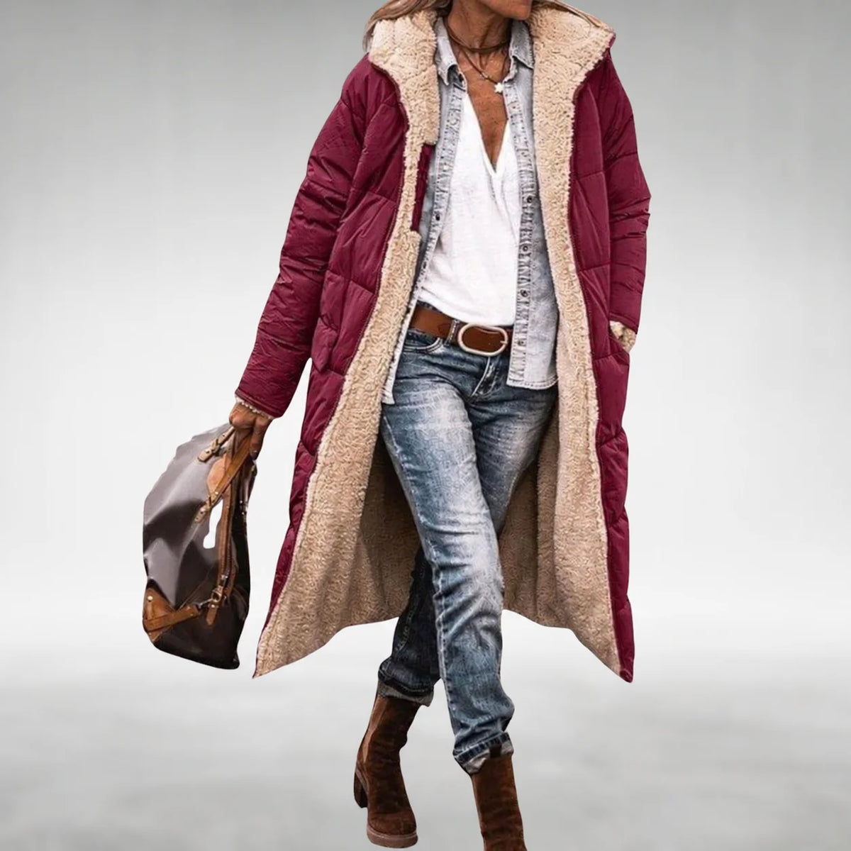 Annie Reversible Long Puffer Coat in Wine Red