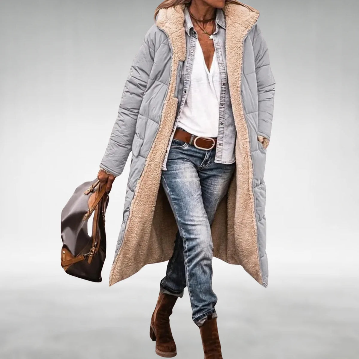 Annie Reversible Long Puffer Coat in Grey