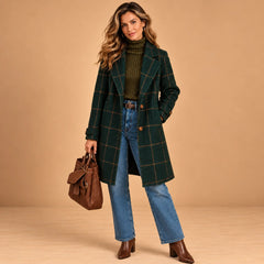Arlene Windowpane Check Long Coat in Forest Green