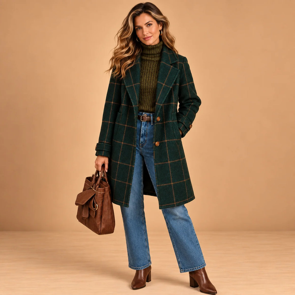 Arlene Windowpane Check Long Coat in Forest Green