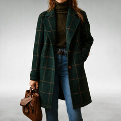Arlene Windowpane Check Long Coat in Forest Green