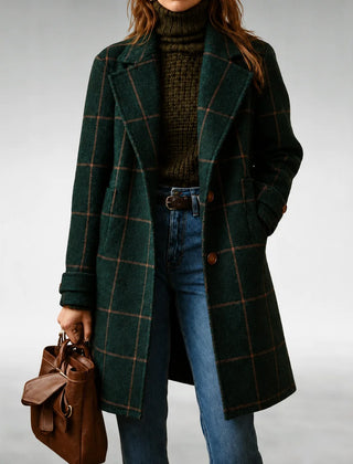 Arlene Windowpane Check Long Coat in Forest Green