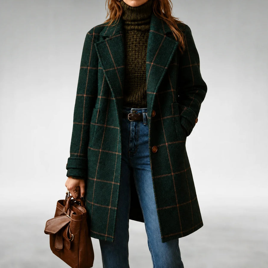 Arlene Windowpane Check Long Coat in Forest Green